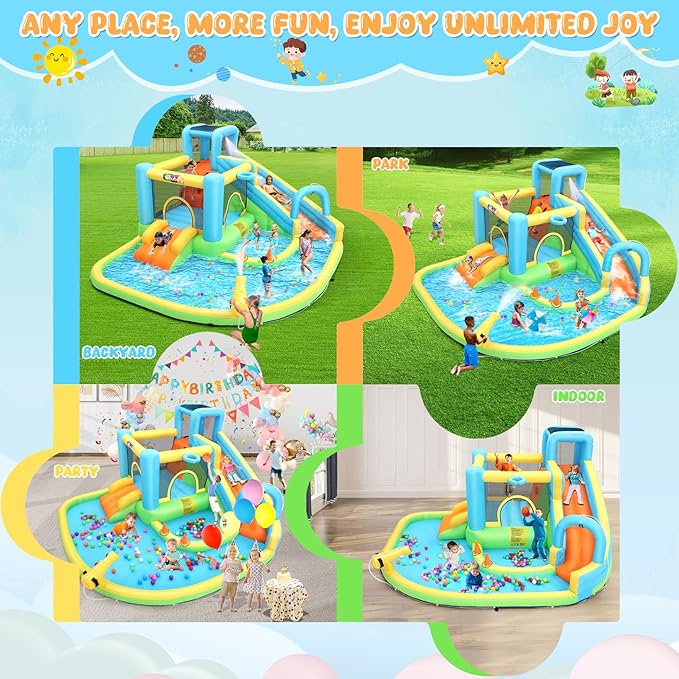 12.8x12FT Water Slide Bounce House for Kids, 12-in-1 Inflatable Water Park with Catch Ball Set/Toss Rings/Water Soaker Balls/Water Gun/Basketball/Splash Pool/Water Cannon/Climbing Wall/Basketball Hoop