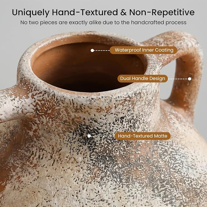 Ceramic Flower Vase, 8.7" Rustic Farmhouse Table Vase, Decorative Pottery Vase with Glazed Interior for Fresh Flowers, Eucalyptus, Entryway, Kitchen, Shelf and Bedroom Decor