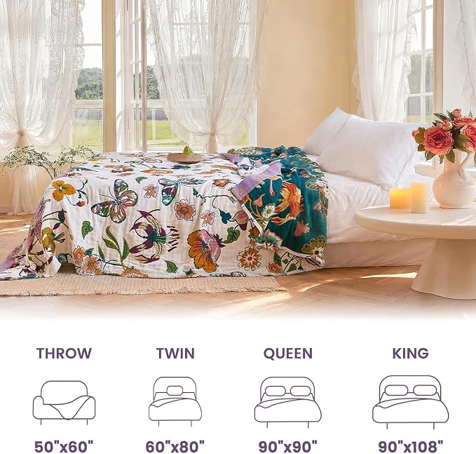 MSGKV Boho Throw Blanket 90"x90" Summer Cotton Floral Queen Size Blanket | Floral Pattern, Queen Size Blanket, Muslin Throw, Reversible Woven, Farmhouse Style, Lightweight Comfort, Machine Washable
