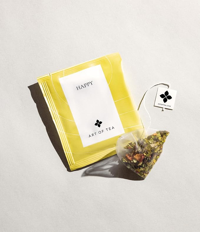 Art of Tea Happy Tea 50 Count Organic Green Tea Bags with Guayusa, Jasmine & Hibiscus, Fruity Energizing Tea Sachets for Energy Boost, Focus & Daily Wellness