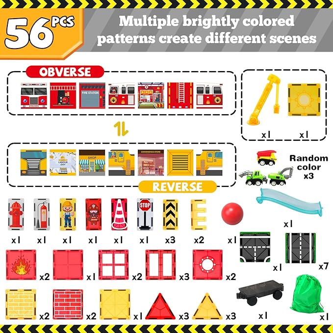 Magnetic Tiles for Kid, Construction Magnet Tiles with Fire Truck & Station, Building, Road, Crane, and Car Toys - Educational Travel Magnetic Tiles for Kids Ages 4-8, STEM Toys for 3+ Year Old