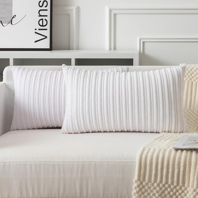 UGASA 12x24 Inch Pillow Cover Pack of 1 Soft Boho Stripe Corduroy Long Rectangular Lumbar Cushion Cover Farmhouse Decorative Throw Pillowcase for Bed, Couch, Sofa, Bedroom, Living Room, Pure White