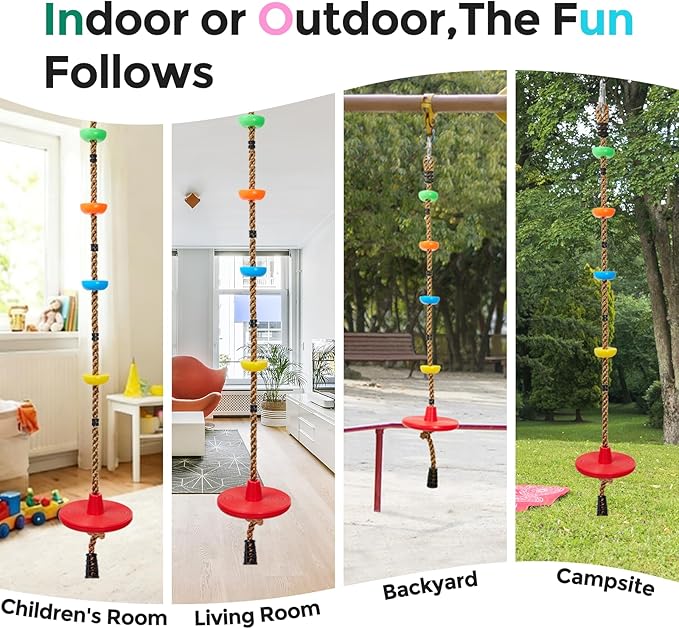 DECORLIFE Tree Swing for Kids 330LB Capacity, Adjustable Climbing Rope with Platforms and Disc Swing Seat Set for Outdoor Backyard Playground Accessories, Including Carabiners and Strap, Red