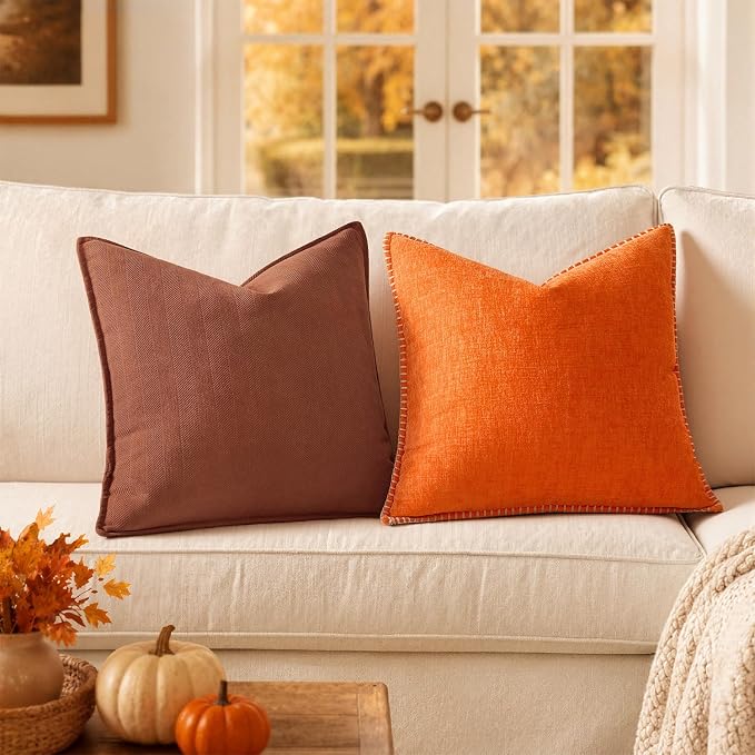MIULEE Pack of 2 Fall Burnt Orange Decorative Chenille Pillow Covers 20x20 | Soft Couch Throw Pillows,Farmhouse Cushion Covers with Elegant Design for Sofa,Bedroom,Living Room,Spring Home Decor