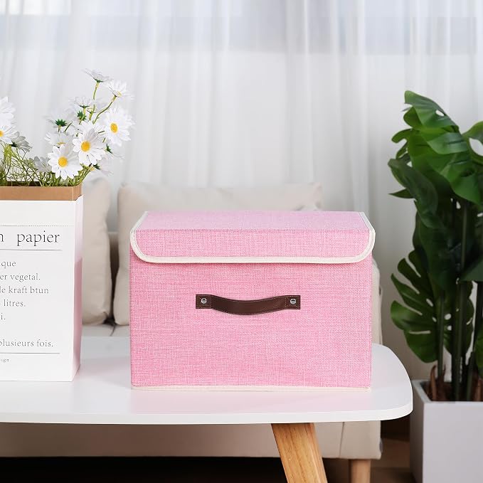 ANMINY Fabric Storage Box Bins with Lids, Pink, 13"x9"x7.9", 2 Pack | Keepsake Memory Storage, Cotton Linen, PP Board Reinforced, Washable, PU Handles, Foldable & Stackable, Decorative, Medium