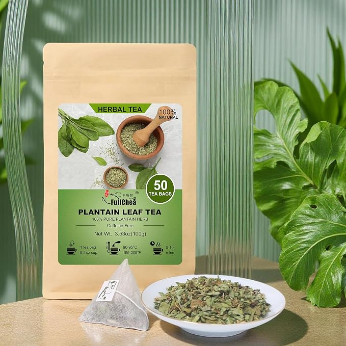 FullChea - Plantain Leaf Tea, 50 Teabags, 2g/bag - Whole Plantain Leaves - Plantago Major Herbal Tea - Non-GMO - Caffeine-free - Support Respiratory Health & Boost Immunity