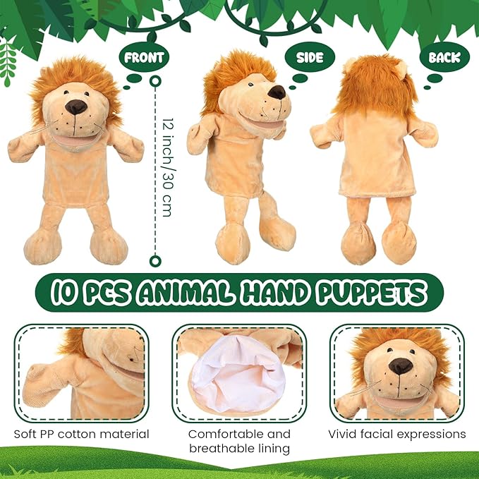 Wettarn 10 Pcs Animal Hand Puppets 12 Inch Soft Plush Plush Puppets Lion Orangutan Giraffe Tiger Pig Elephant Hand Puppets for Boys and Girls Storytelling, Teaching, Role Playing(Funny Style)