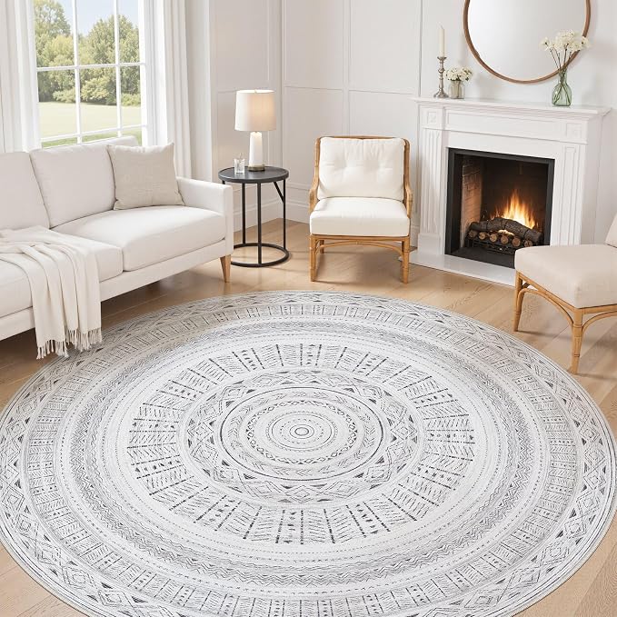 cotiled 8x8 Round Area Rugs Living Room Rug: Washable Boho Rugs with Non Slip Backing Large Soft Indoor Stain Resistant Carpet for Bedroom Farmhouse Dining Room Lightweight Home Decor Dark Grey