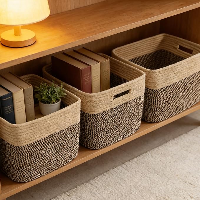 3 Pack Woven Baskets,Storage Baskets for Shelves with Handles | 13.5"×11"×9.5", Closet Baskets, Nursery Organizer for Toys Towels Books, Storage Bin for Living Room Bedroom (Jute & Black)