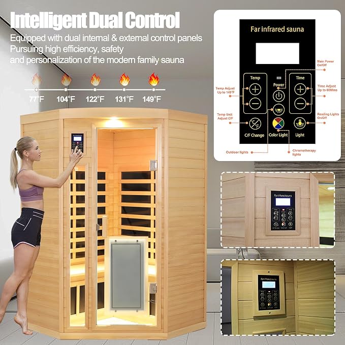 2 Person Infrared Sauna 0-5mG Ultra Low EMF Infrared Sauna Far Infrared Sauna Canadian Hemlock Indoor Corner Sauna with Front Door Heating Panel, Chromotherapy Light