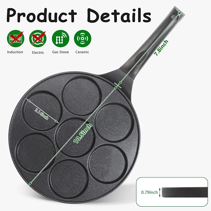 10.5" Pancake Pan Pancake Griddle with 7-Cup Mini Pancake Maker | PFOA Free Coating, 7-Cup, Mini Silver Dollar Gril, Nonstick Pancake Pan