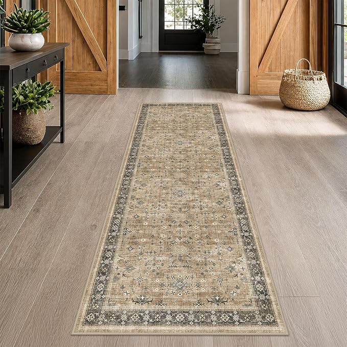 Earthy Tone Washable Long Runners for Hallways, 3x8 Taupe Kitchen Runner Rug, Bohemian Traditional Entryway Indoor Rug, Distressed Floral Geometric Design, Non-Slip Stain & Fade Resistant