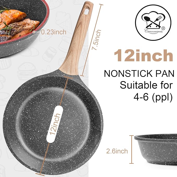 Caannasweis Nonstick Granite Omelet Frying Pan Skille 12 Inch with Lid | Non Stick Omelette Fry Pans, Omelet Egg Pan, Stone Cookware Chef's Pan, Induction Compatible, PFOA Free