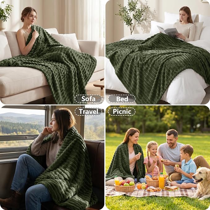 Olive Green Twin Blanket for Bed & Couch, 60 x 80 Inch | 300GSM Ribbed Fleece Blanket, Soft, Cozy & Lightweight, OEKO-TEX Certified, All-Season Use for Travel, Dorm & Home Decor
