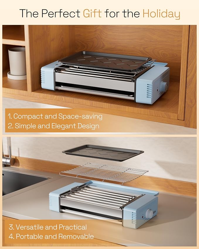 HBN Indoor Grill and Electric Griddle, 3-in-1 Smokeless Indoor Grill with Grill Rack & Nonstick Griddle & Sausage Grill Korean BBQ grill for Kitchen, Dishwasher Safe, 400F (Sky Blue)
