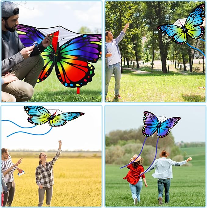 Silipull 3 Pcs Butterfly Kite 55" x 28" Large Kites with 328ft Kite String Beach Colorful Kites for Adults Beginner Outdoor Supplies (Rainbow and Blue Purple)