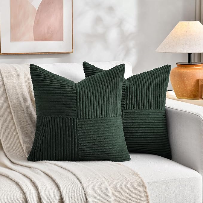 Fancy Homi Set of 2 Dark Green Samll Decorative Throw Pillow Covers 14x14 Inch for Living Room Couch Bed, Boho Farmhouse Forest Green Home Decor, Soft Corss Corduroy Patchwork Textured Cushion Case