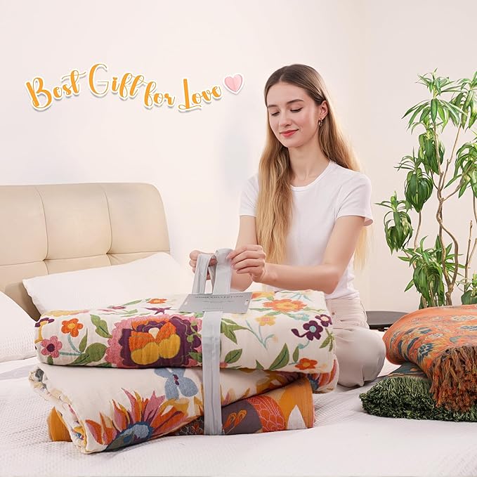VANJOROY Boho Throw Blanket, 100% Organic Muslin Cotton Skin-friendly Breathable Ultra Soft Bed Quilt Throw - All Season Bohemian Decor Luxury Colorful Blanket for Sofa Couch Chair and Gift. 50" x 60"
