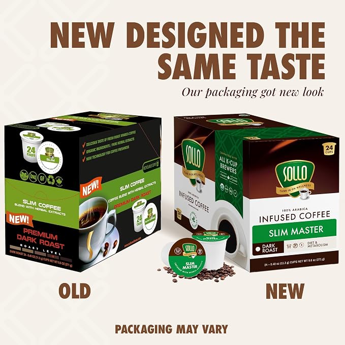 Sollo Slim Organic Coffee Pods, Diet Support, Weight Loss with Garcinia, Green Coffee Bean, Bold Dark Roast, Single Serve Pod, Compatible with Keurig K-Cup Brewers, 24 Ct