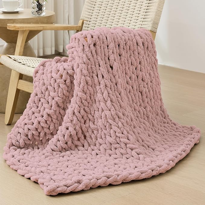 Bigacogo Chunky Knit Throw Blanket for Couch, 40x40 inches, Dusty Pink | Hand Knit with Jumbo Chenille, Soft Breathable Cable Knit for Sofa Bed Living Room, Machine Washable, Gift for Mom Friend