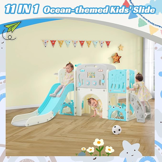 11in 1 Toddler Slide, Kid Slide for Toddlers Age 1-3 with Telescope, Basketball Hoop, and Telescope, Indoor Outdoor Playset Playground Blue Grey