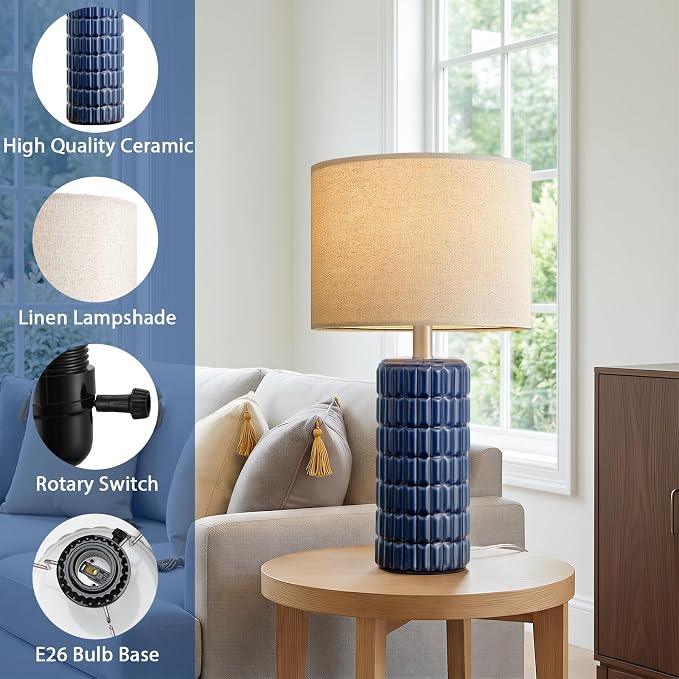 23" Modern Ceramic Table Lamps Set of 2 - Table Lamps for Living room, Farmhouse Bedside Night Stands Lamp for Bedroom, White Boho Nightstand Lamps Set of 2, Desk Lamp for End Table Home Decor(Blue)