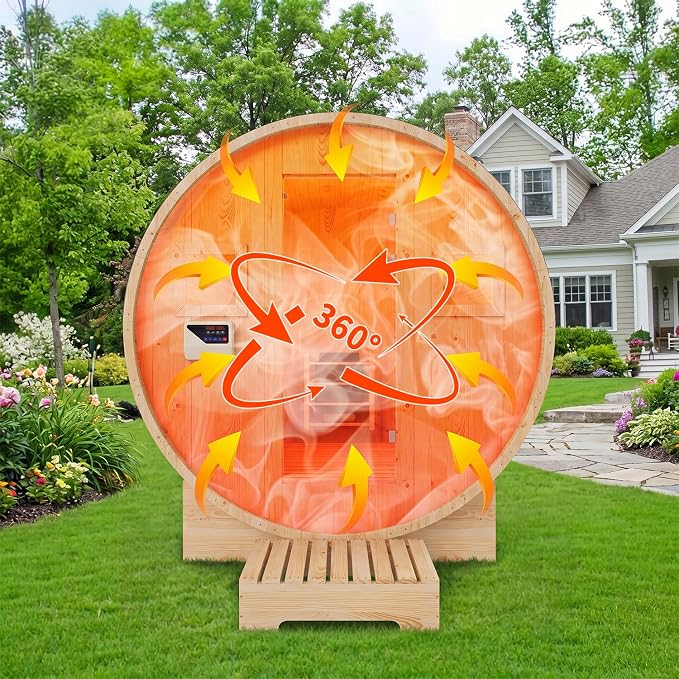 Large Capacity Outdoor Wooden Traditional Barrel Sauna for 4-6 Person Steam & Dry Heat Sauna with 6KW Heater, Sauna Stones, Thermometer – Spacious Bucket-Style Design for Backyard & Family Gatherings