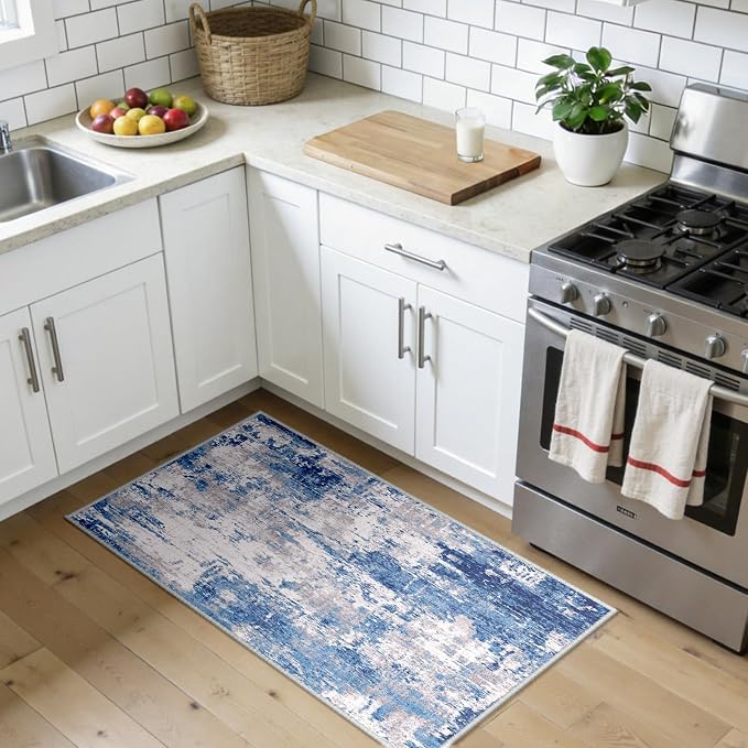 RELEANY Washable Area Rugs 2'x4' Non-Slip Modern Abstract Soft for Living Room Entryway Bedroom Kitchen, Print Pattern, Blue Grey Navy Gray | carpet for bedroom, kitchen, office, hallway and entryway, printed pattern, non-slip, soft, stain-resistant, e...