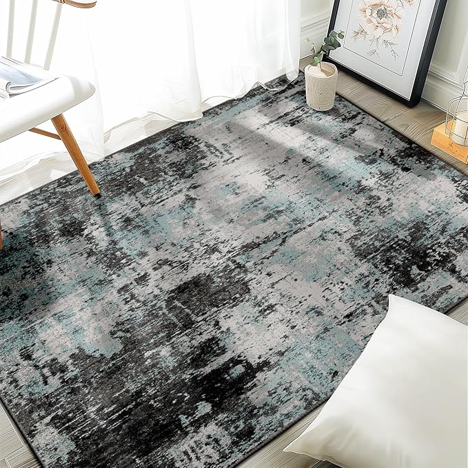 RELEANY Washable 4'x6' Abstract Area Rug for Living Room Teal Black | carpet for bedroom, kitchen, office, hallway and entryway, printed pattern, non-slip, soft, stain-resistant, easy to clean