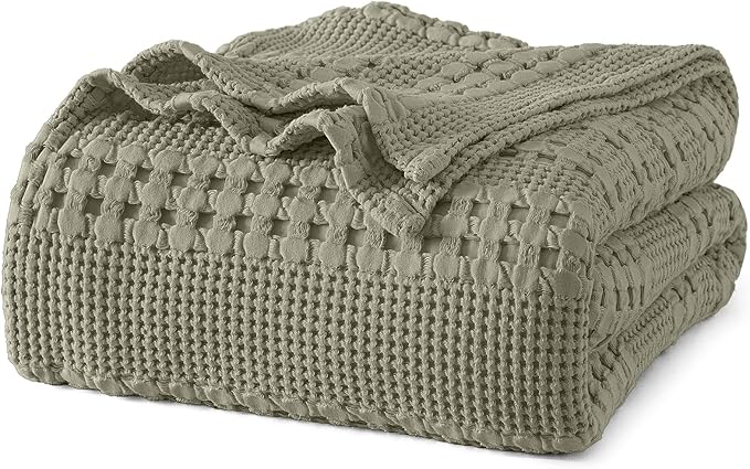 PHF 100% Cotton Waffle Weave Blanket Queen Size, Lightweight Breathable Summer Blanket for Hot Sleepers, Pre-Washed Soft Layer for Bed, Couch, Aesthetic Home Decor & Gift, 90"x90", Dusty Sage