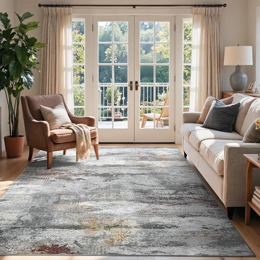 4x6 Ft Abstract Area Rugs for Living Room, Soft Non-Slip Modern Washable Rugs Print Pattern Carpet for Bedroom Indoor Floor Nursery Home Decor (Grey/Gold-Brown/Red-Brown)