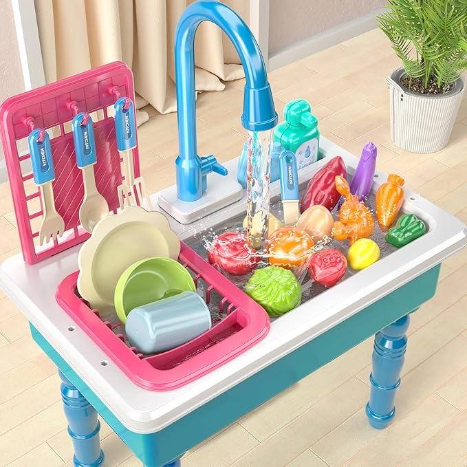 Play Kitchen Sink Toys, Blue Electric Dishwasher Playing Toy with Running Water, Play Food & Tableware Accessories, Kitchen Set Toys, Role Play Sink Set for Toddlers Kids Boys Girls