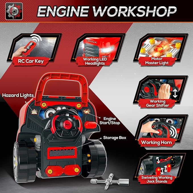 Qaba Truck Engine Toy, Kids Mechanic Set with Lights, Sounds, Steering Wheel and Horn, Pretend Car Service Station Play with 61-Piece Included, Toy Engine Building Kit for Kids Aged 3+, Red