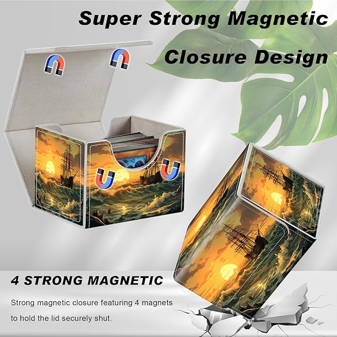 DEGDFSGR Card Game Storage Box for TCG MTG Commander Deck Box Organizer Trading Card Case Magnetic Closure Creative Pattern Up to 200 Cards, The Ocean At Sunset