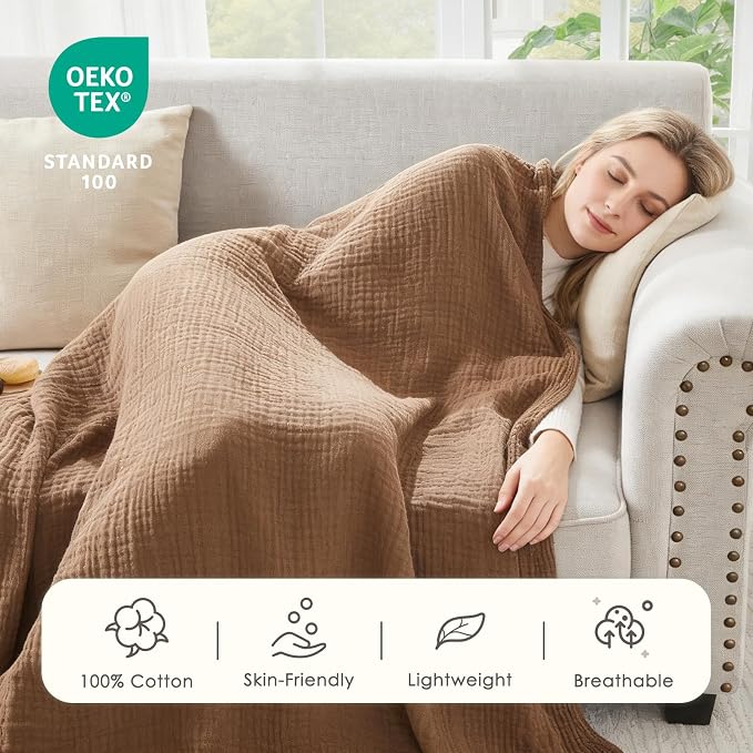 EMME Muslin Blankets for Adults Brown Small Blanket 40" x 50" | Throw Blanket for Couch Breathable Gauze Soft Lightweight Airy Light