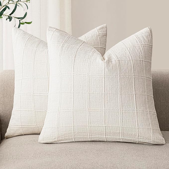 Foindtower Set of 2 Decorative Linen Check Throw Pillow Covers Neutral Farmhouse Vintage Cushion Covers Modern Boho Home Decor for Sofa Chair Couch Bedroom Living Room,16×16 Inch,Cream White