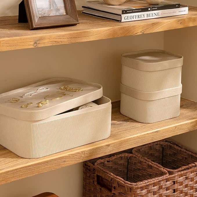 LA JOLIE MUSE Decorative Storage Boxes with Lids Faux Leather, Grey 3 Pack | Vegan Leather Lids, Fluted Cardboard Storage Basket, Organizer for Jewelry, Shelves, Bedroom & Closet Storage Memory Box