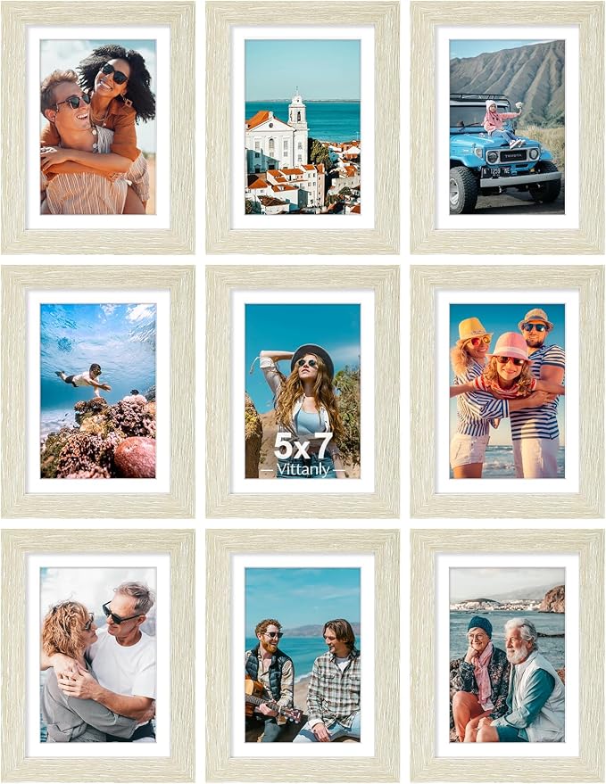 Vittanly 5x7 Picture Frames Set of 9 for Wall Mount or Tabletop, Cornsilk | Display Pictures 4x6 with Mat or 5x7 without Mat, Small Photo Frames, Engineered Wood with Shatter Resistant Plexiglass