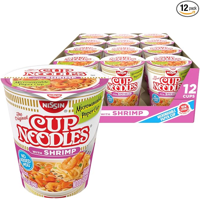 Nissin Cup Noodles Soup, Shrimp Flavor, Microwaveable Paper Cups, Instant Ramen, 2.25 Ounce (Pack of 12) | Instant Ramen Noodle Soup, Microwaveable Paper Cups