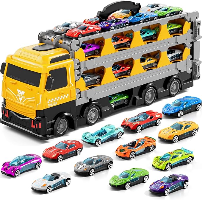 Transport Truck with 24pcs Die-Cast Cars Toys, Cars Toddler Toys Gifts for 2 3 4 5 6 7 Years Old Boys Girls