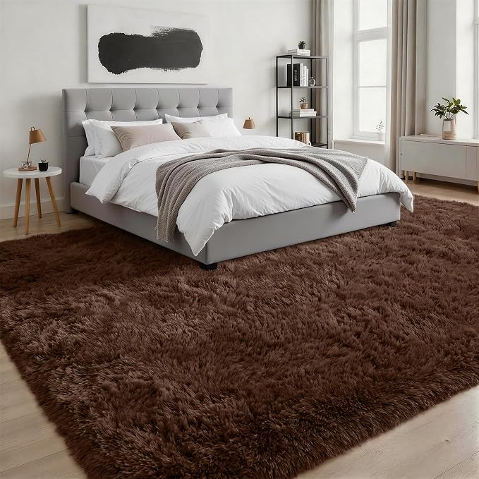 Fluffy Area Rugs 9x12 Living Room Bedroom: Ultra Soft Shag Rug Upgrade Non-Slip Non-Shedding Large Fuzzy Plush Carpet Indoor Floor Carpets for Kids Room Playroom Nursery Dorms Home Decor Brown