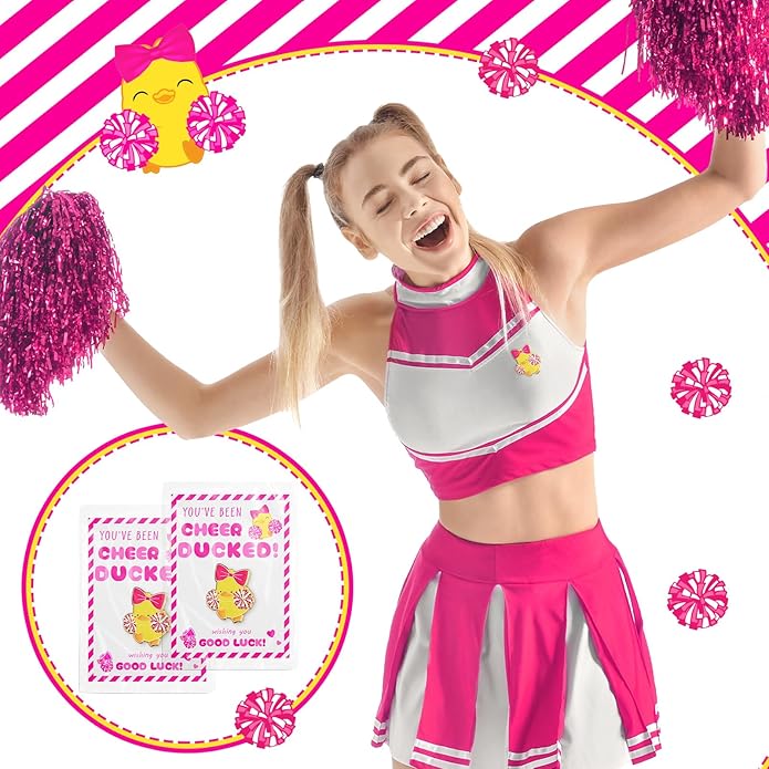 Quelay 24 Pack Cheer Team Gifts Bulk Cheerleader Duck Pins Brooches You've Been Cheer Ducked Tags Team Inspirational Gift Accessories for Teammates