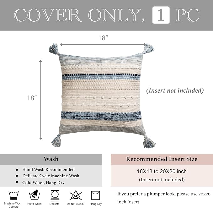 Coastal Blue Boho Decorative Throw Pillow Cover 18x18 Modern Bohemian Accent Pillow Case Square Woven Textured Farmhouse Pillows for Couch Bed (Pack of 1)