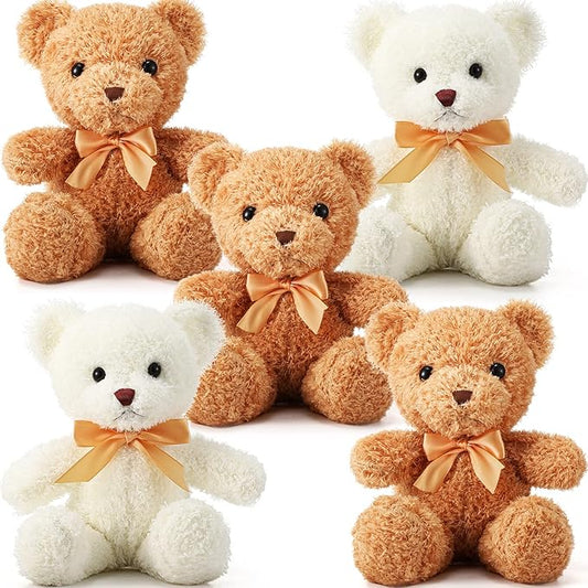 HyDren 5 Pcs Bears Stuffed Animal Soft Plush Toys Valentine 12 Inches Cute Small Shaggy Bear with Hoodie Bow Tie for Kids Boys Girls Baby Shower Birthday Party(Bow Tie Style,Light Brown, White)