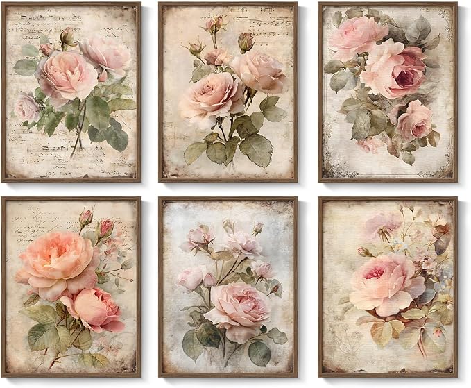 Framed Vintage Floral Wall Art, Set of 6 Boho Pink Rose Flower Canvas Painting Prints Artwork for Rustic Farmhouse, Retro Botanical Pictures for Bedroom Living Room Office Home Decor, 11x14