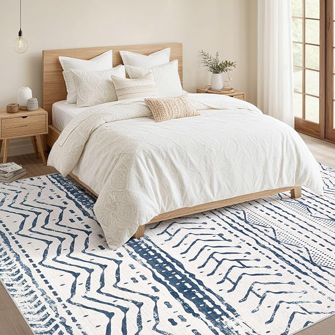 Nakagishi Boho 5x7 Area Rug Living Room Rugs Machine Washable Navy Blue | Soft, Pet & Kid Friendly, Carpet for Living Room/Bedroom/Office/Kitchen/Nursery, Daily Home Decor Stain Resistant Moroccan