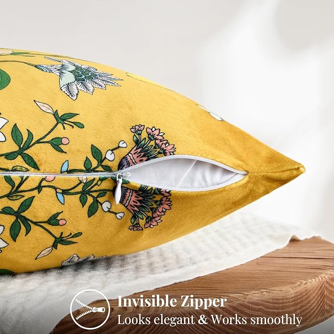 MUSSEL Yellow Velvet Floral Decorative 16x16 Pillow Covers Set of 2 | Soft Durable and Sturdy,Bird Plant,Throw Pillows Case,Square,Colorful Farmhouse Cushion Covers,Home Sofa Bed Couch Decor