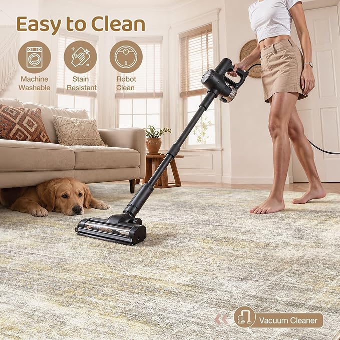 cotiled Washable Area Rugs 9x12 Living Room | Non Slip Backing, Stain Resistant, Pet Friendly, Large Neutral Soft Indoor Carpet For Bedroom, Nursery, Office, Gold/Brown