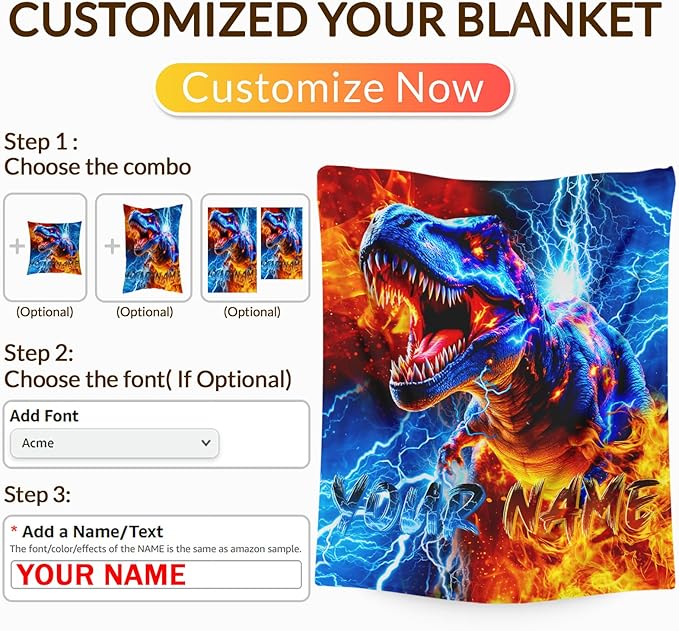 Dinosaur Blanket for Boys Personalized Throw Blankets for Kids, 30x40 Inches Soft Lightweight All Season Custom Decor Throw for Sofa Couch Bed Home