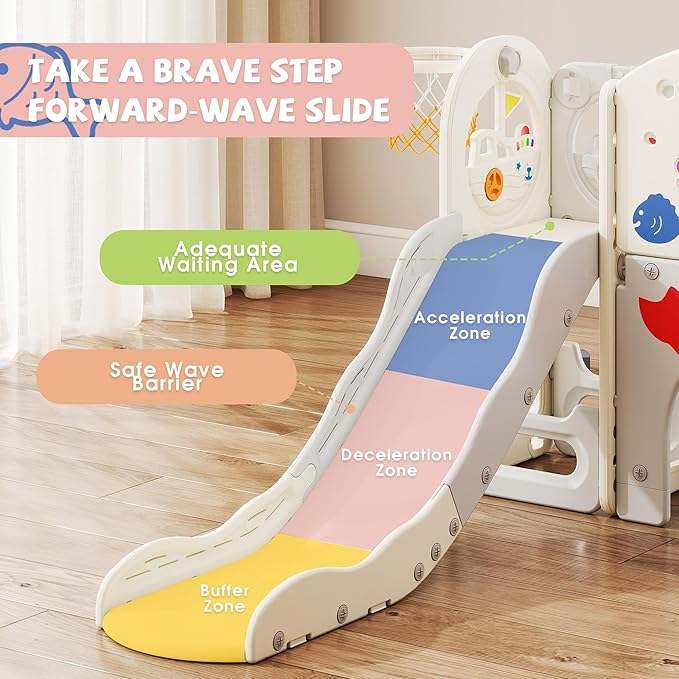 NYEEKOY 8-in-1 Toddler Slide, Toddler Playground, Suitable for Indoor Slides for Toddlers 1-3, with Climber, Basketball Hoop, and Tunnel, Rose Pink Fish